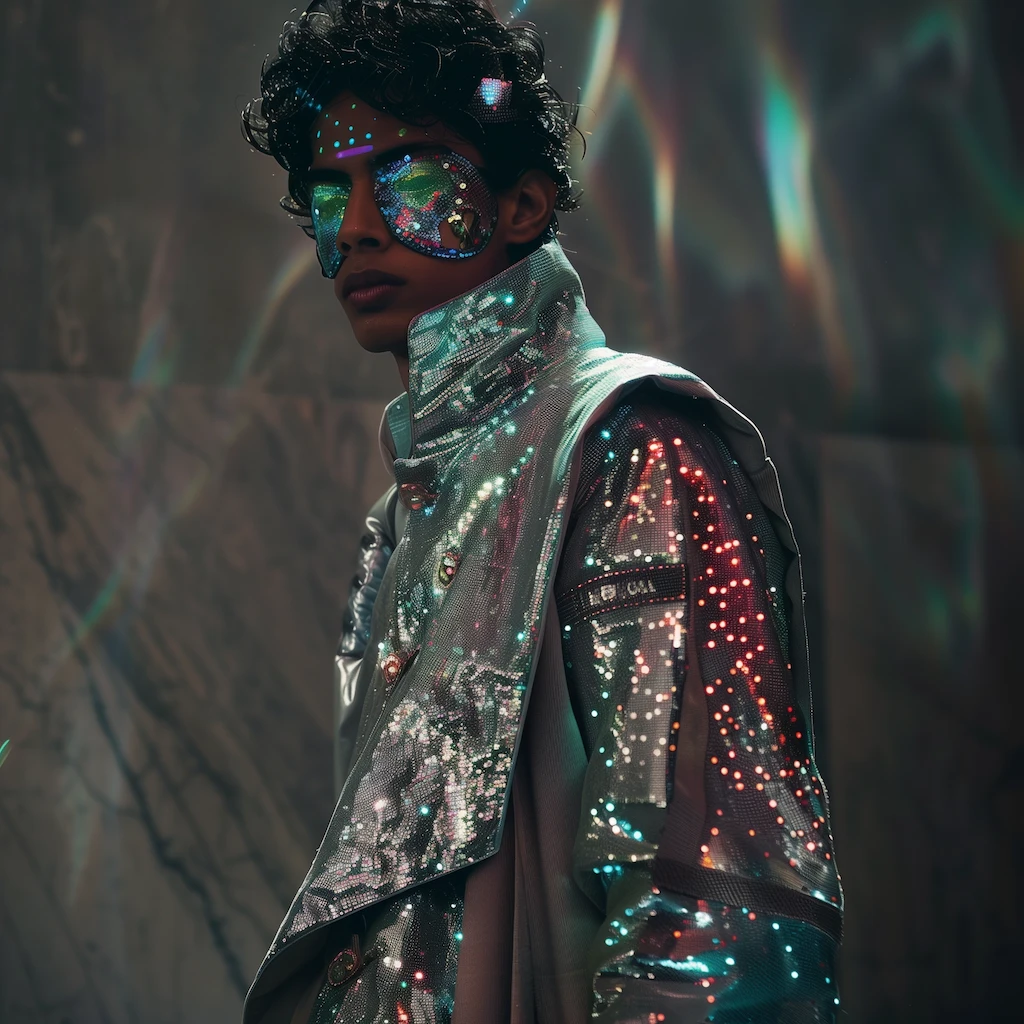 A model wearing sci-fi-inspired futuristic Indian fashion.